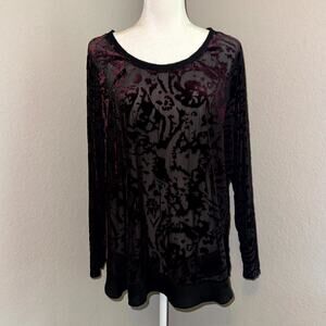 Simply Vera Vera Wang Burnout Velvet Top Women's 1X Burgundy Mesh Whimsigoth